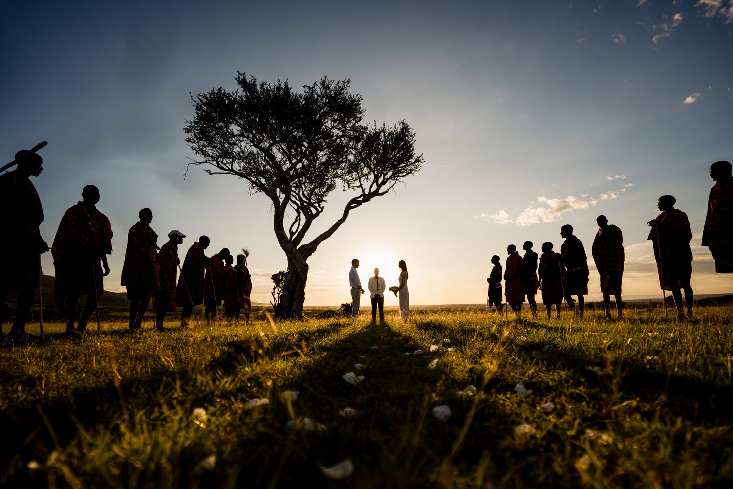 Silhouetted gathering around a tree during African sunset ceremony.