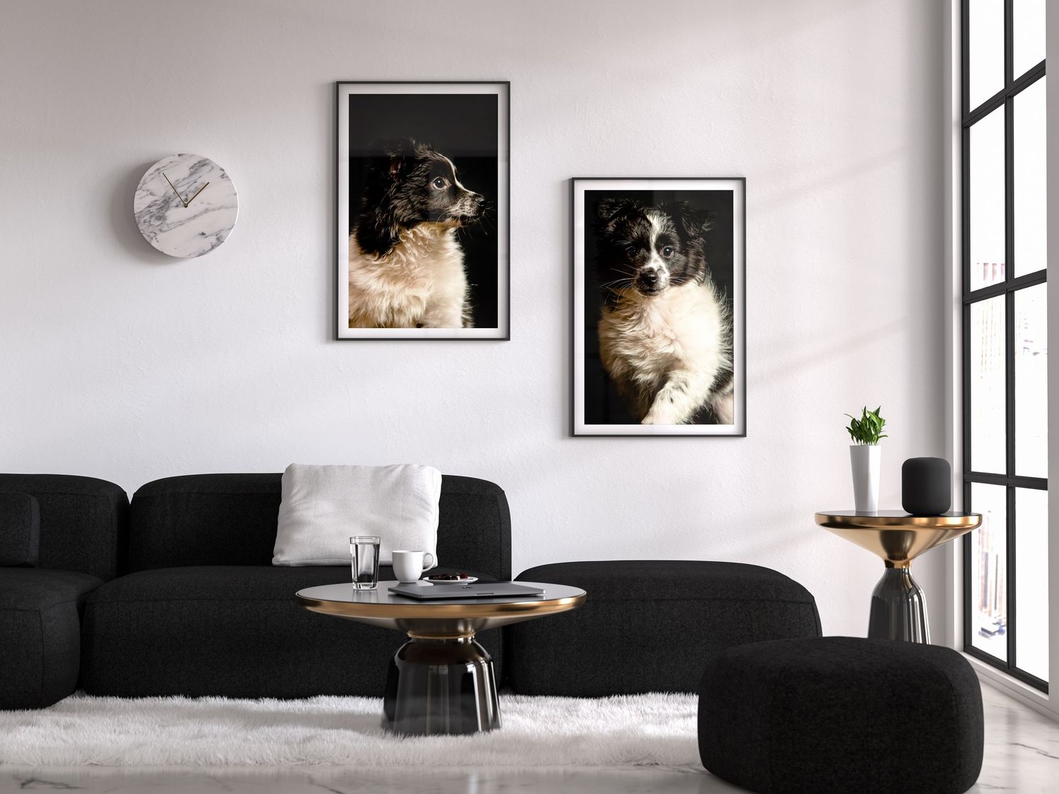 Modern minimalist living room interior with black and white decor and large windows.