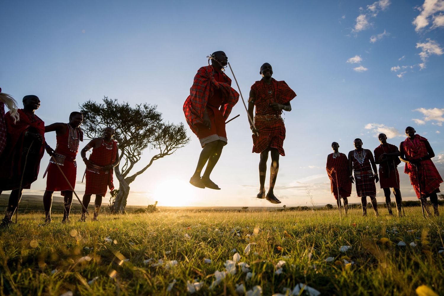 Silhouettes of traditional Maasai dancers jumping during a sunset celebration.