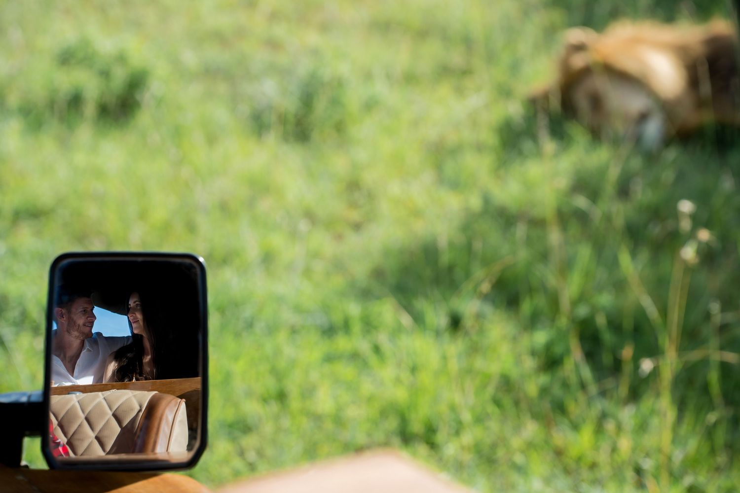 Safari vehicle side mirror reflecting a photographer inside, with a lion resting in green grass in the background.