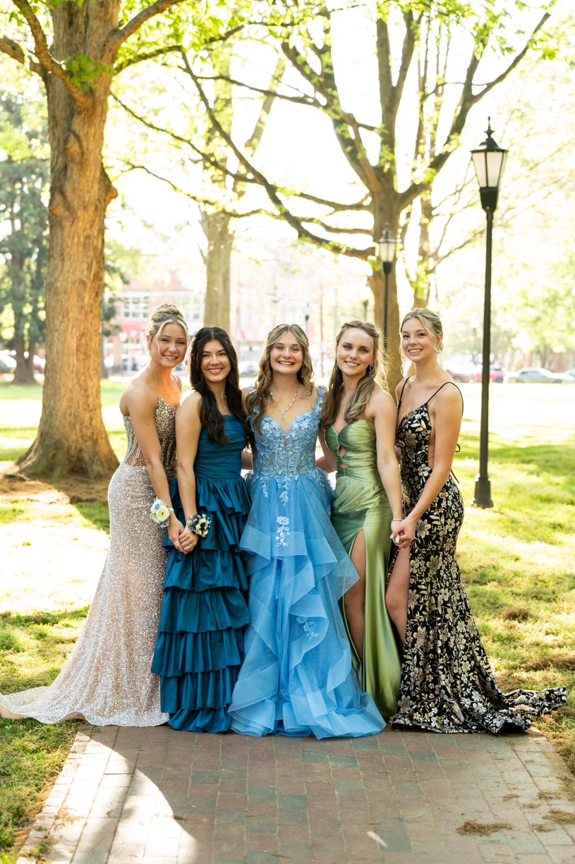 Group photo of friends in formal dresses posing together in a park setting.