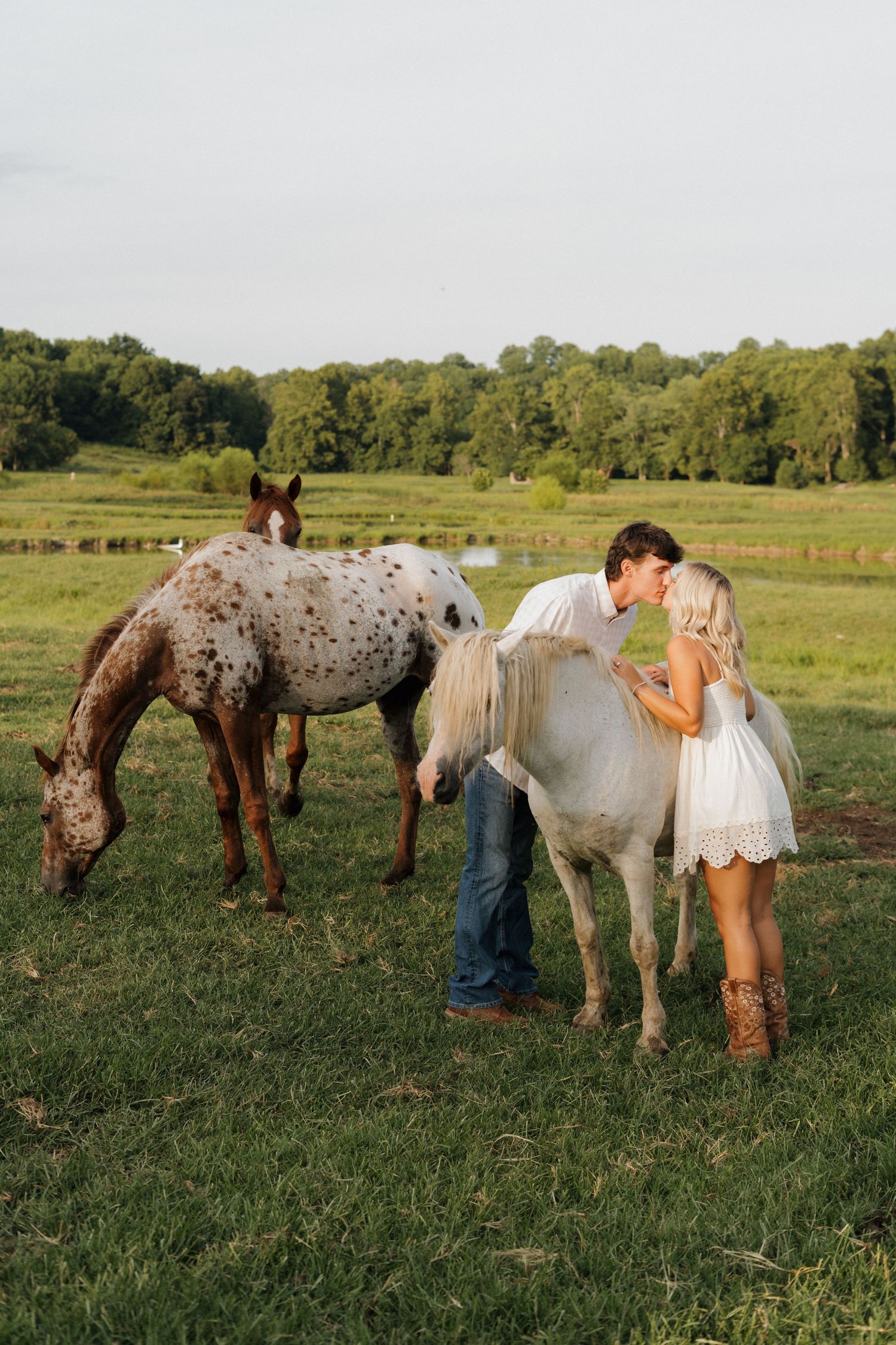 Couple sharing a kiss beside a white horse in a green pasture, with an Appaloosa horse grazing nearby.