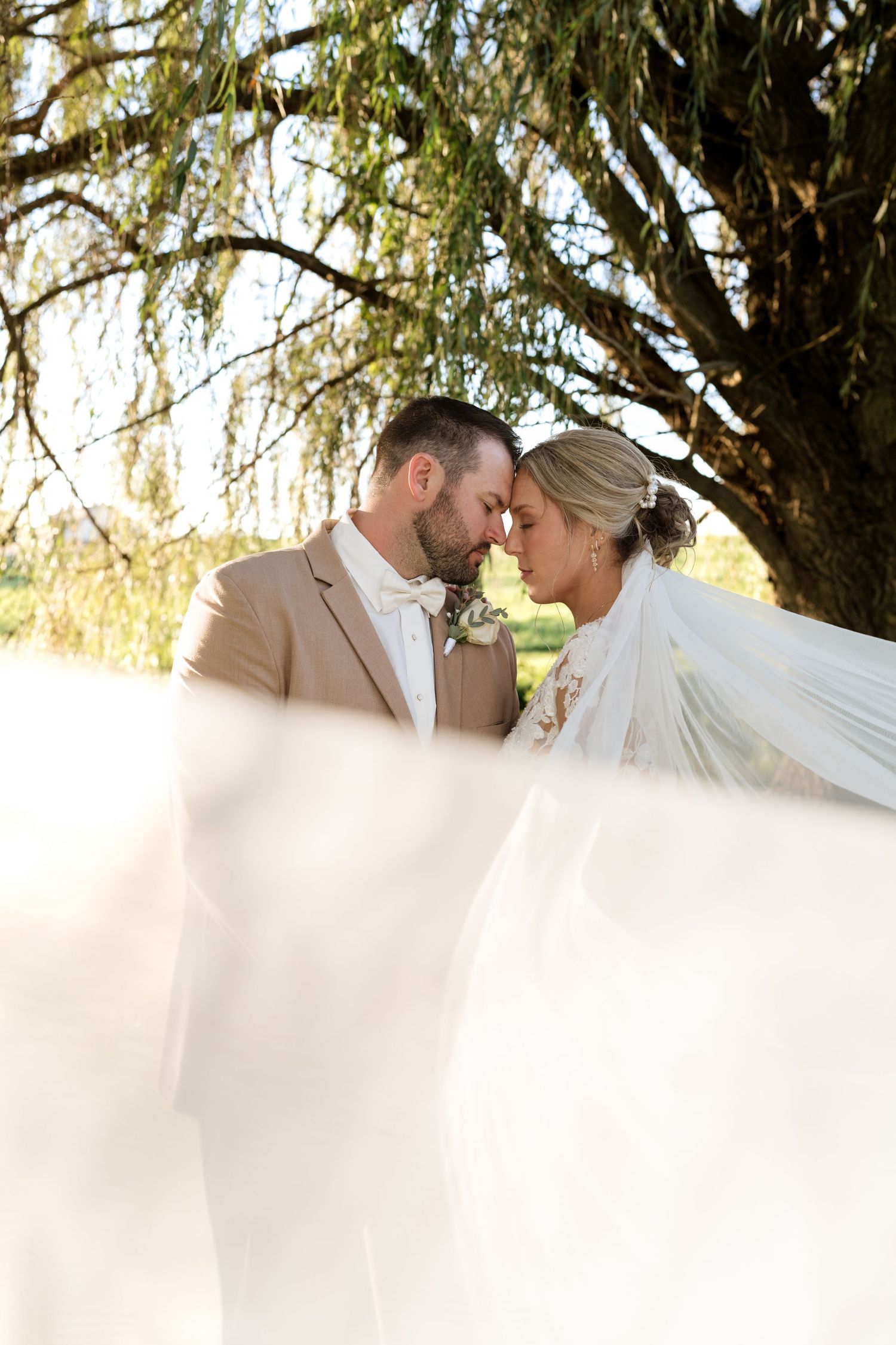 Bride and groom touch foreheads under a willow tree, framed by a flowing white veil in a romantic outdoor wedding portrait.