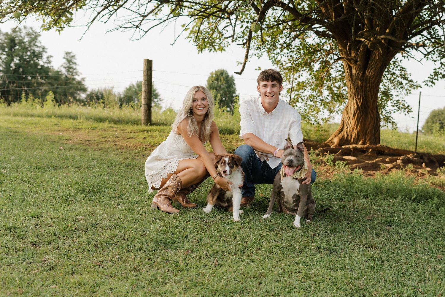 A couple poses with their dog on grass under a large tree in a countryside setting.