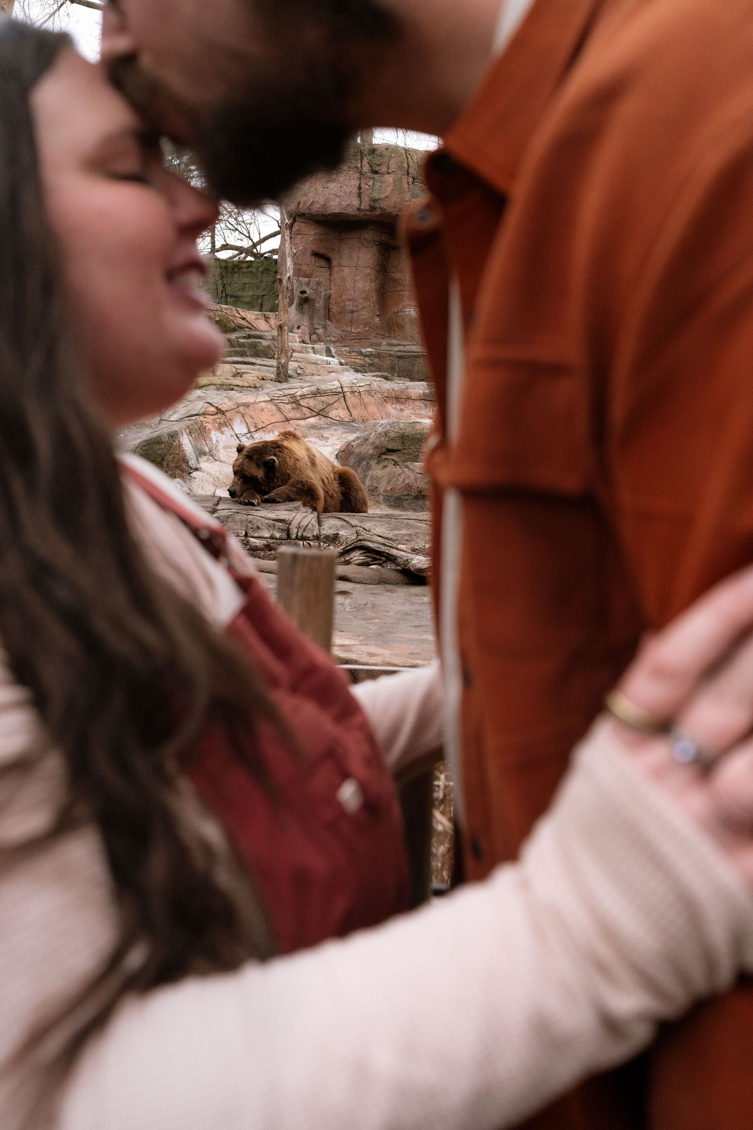 A couple embraces at a zoo exhibit while a brown bear lounges in the background on rocks.