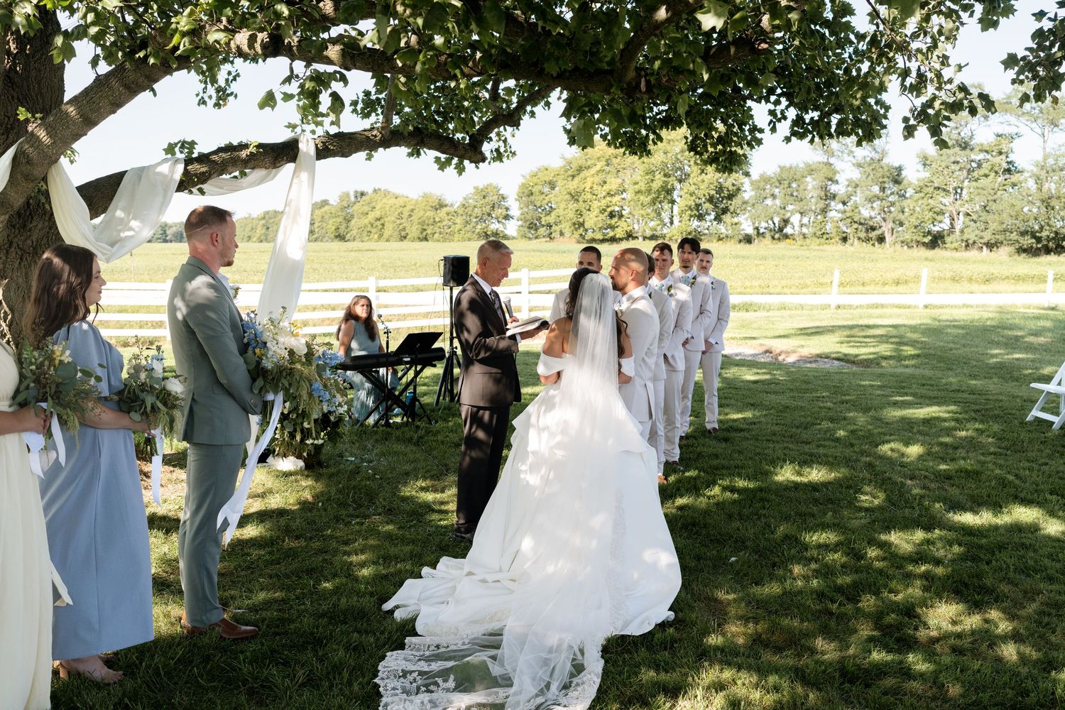 Outdoor wedding ceremony on green lawn with bride in white gown, groom, and wedding party under a large tree.