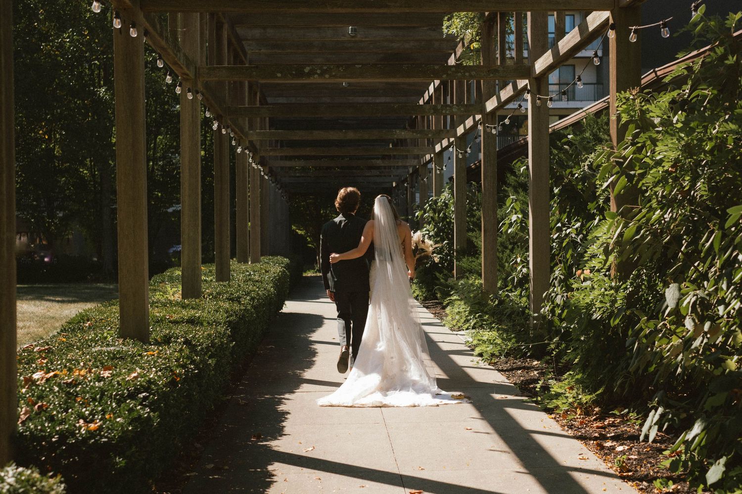 A covered walkway with string lights creates a romantic garden path setting.