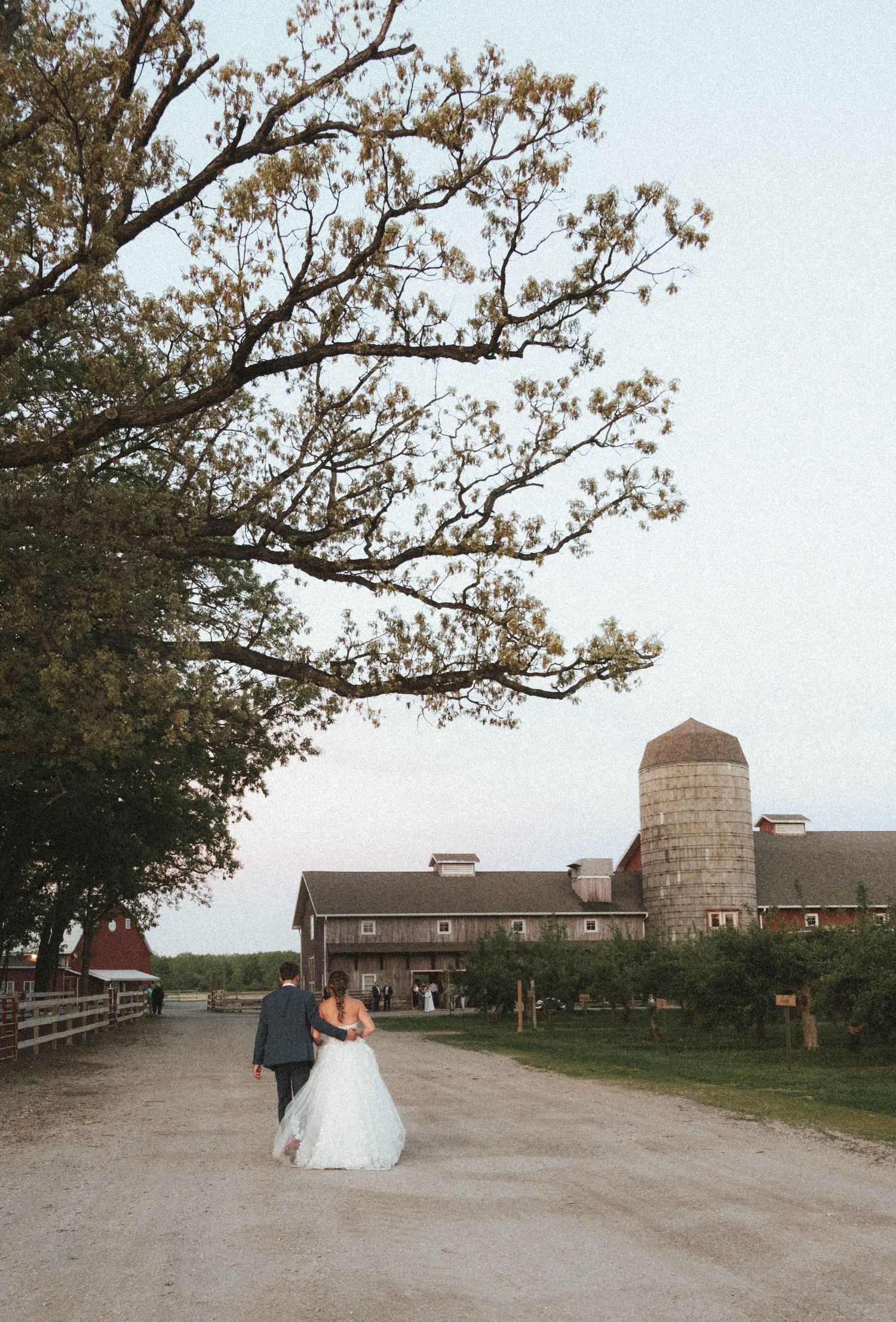 Bride and groom walking hand in hand down a rustic farm path with a silo and red barn in the background.
