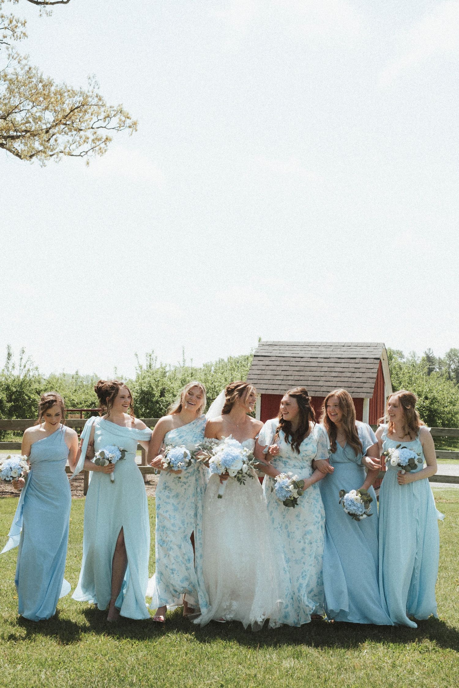 Bride with six bridesmaids in light blue gowns holding floral bouquets on green lawn.