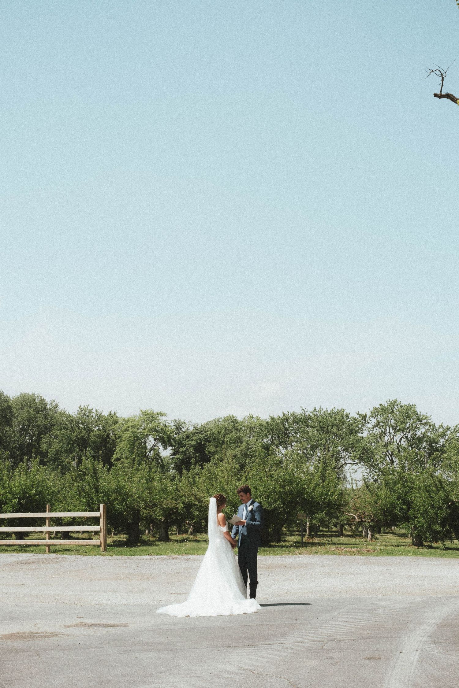 A bride and groom stand together in an open courtyard surrounded by lush green trees on their wedding day.