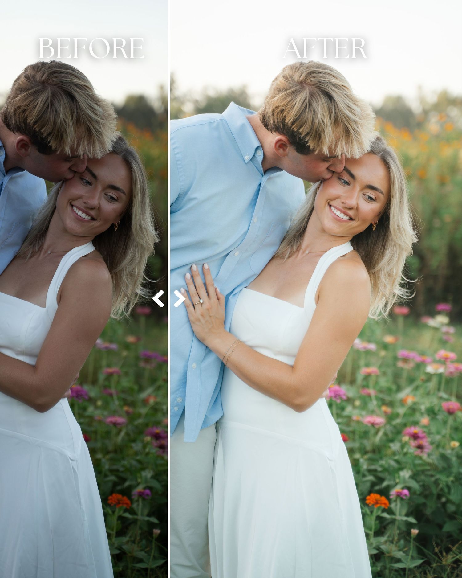 Before and after photo edit of a couple in a flower field, woman in white dress smiling, man in blue shirt.