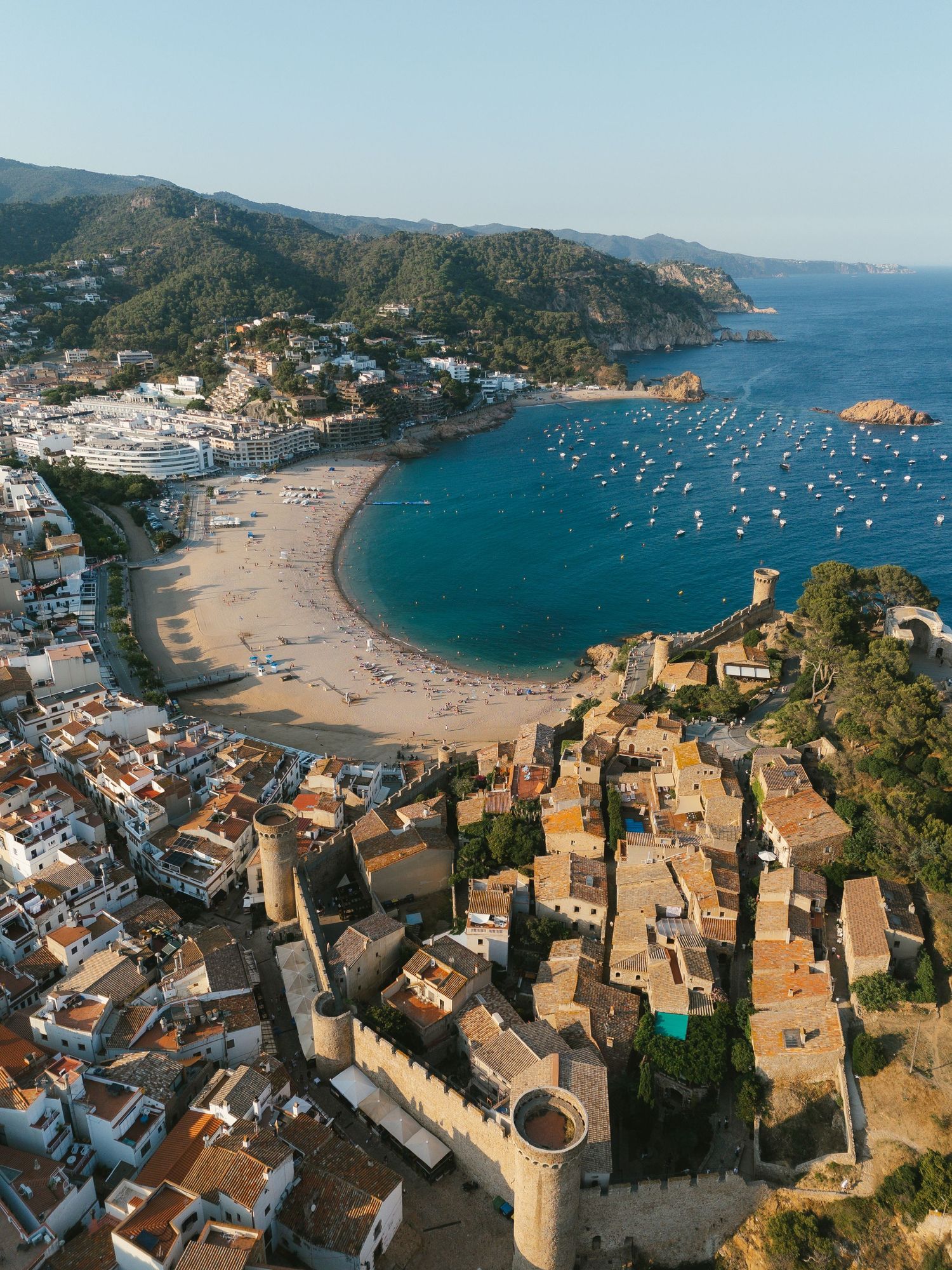Panoramic view of a seaside village with historic buildings and yachts anchored in a blue harbor.