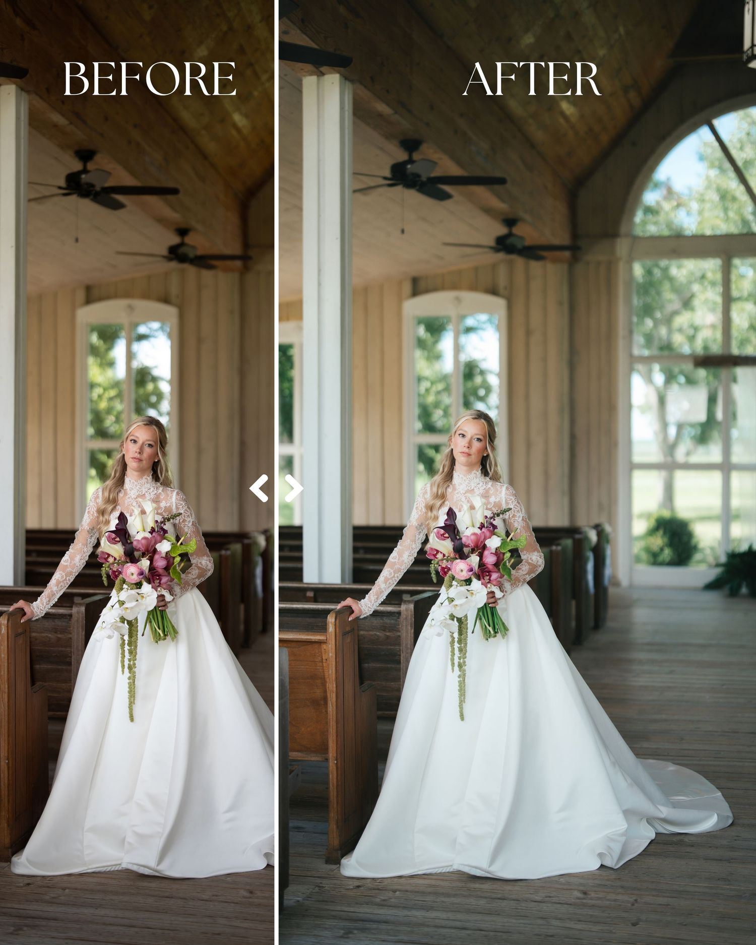 Before and after wedding photo editing comparison of a bride in a white gown holding a bouquet inside a rustic chapel.