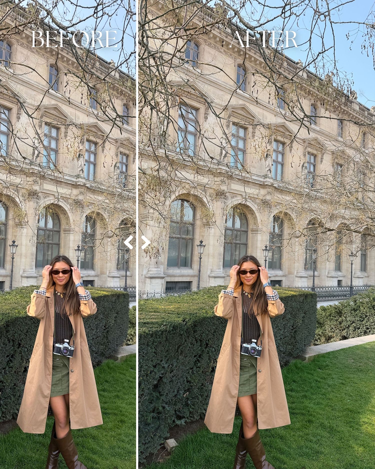 Before and after photo edit comparison of a woman in a camel trench coat outside the Louvre Museum in Paris.