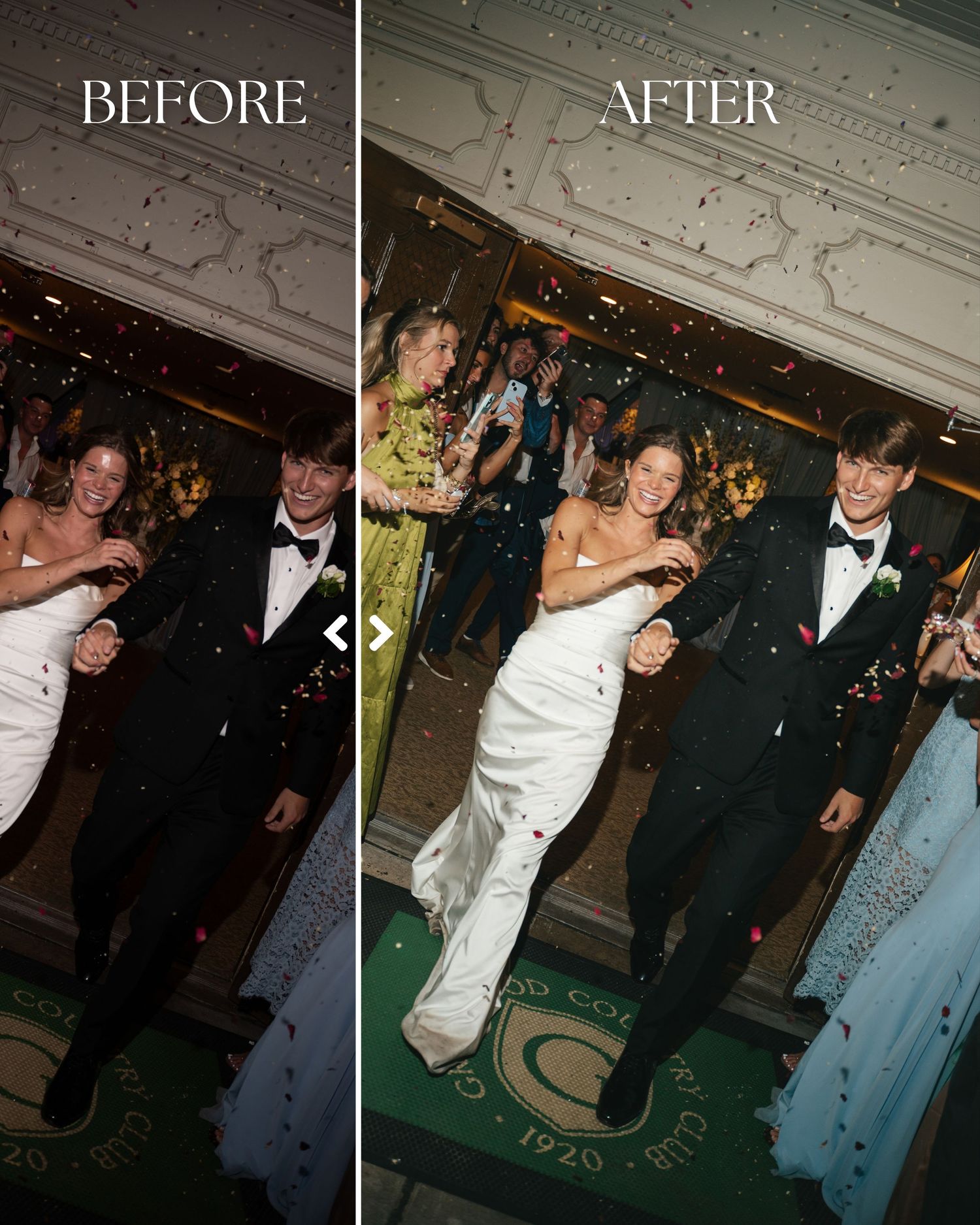 Before and after wedding photo edit showing bride and groom exit with confetti, enhanced with brighter, warmer tones.