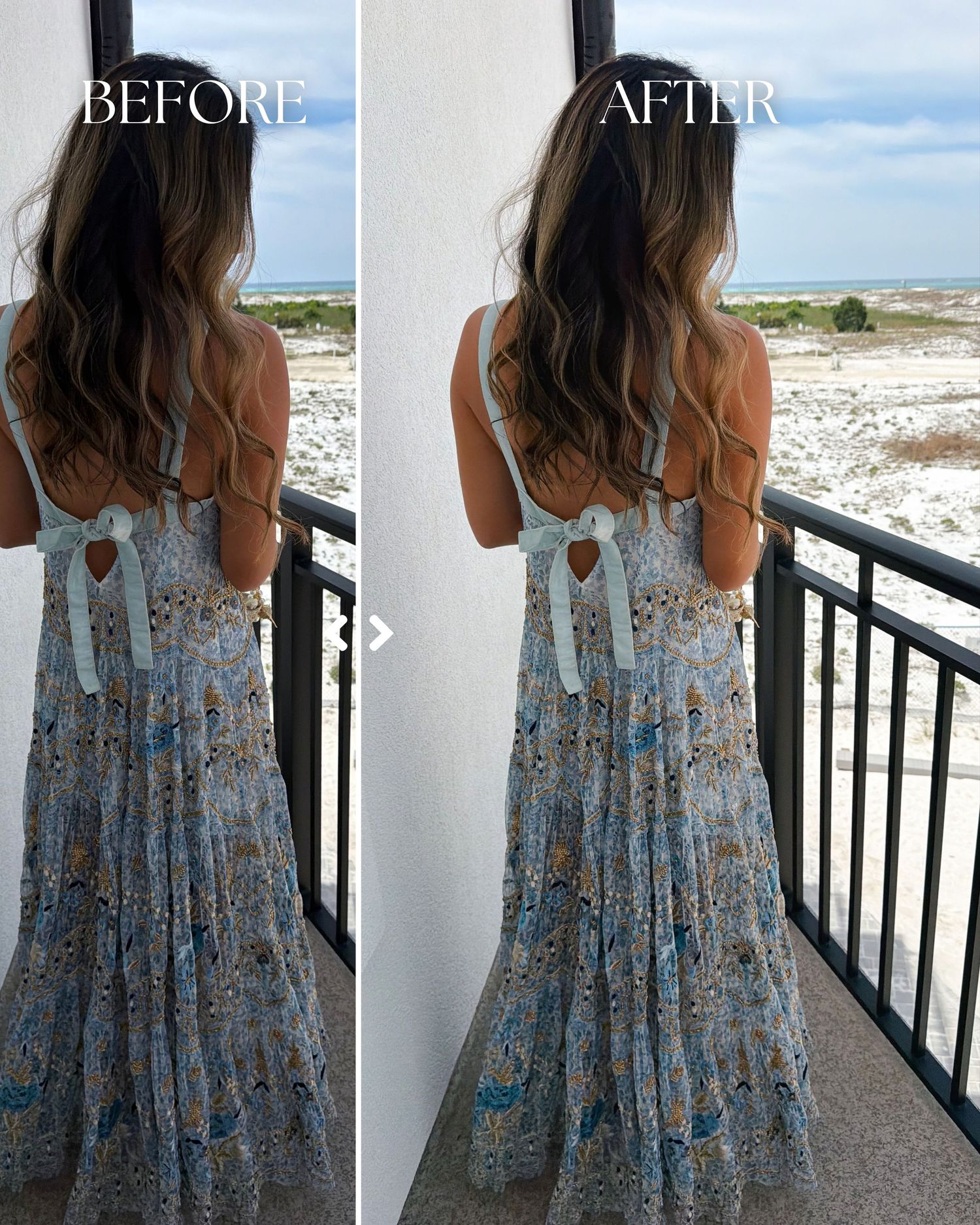 Before and after photo editing comparison of a woman in a floral maxi dress on a balcony with ocean views.