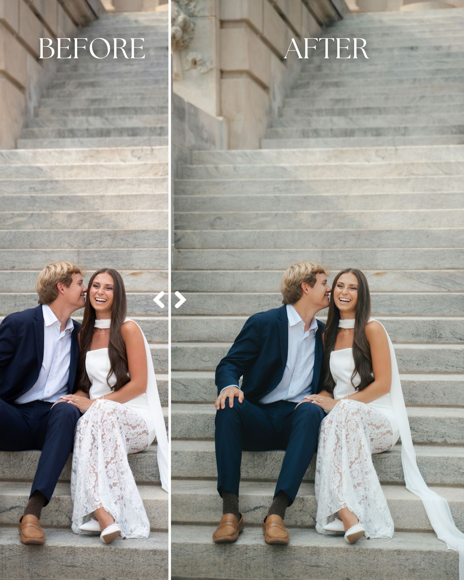 Before and after photo edit of a couple sitting on stone steps, man in navy suit kissing woman in white lace dress.