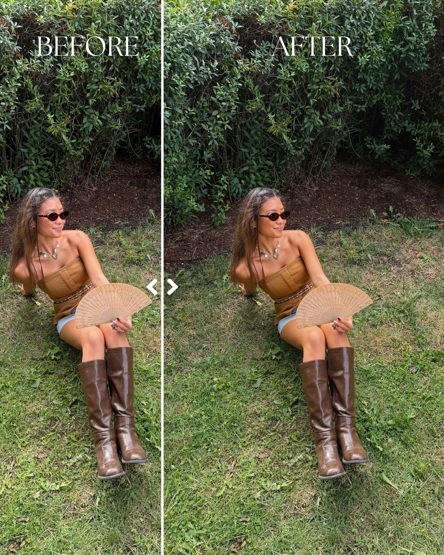 Before and after photo edit comparison of a woman sitting on grass wearing brown boots, denim shorts, and holding a fan.