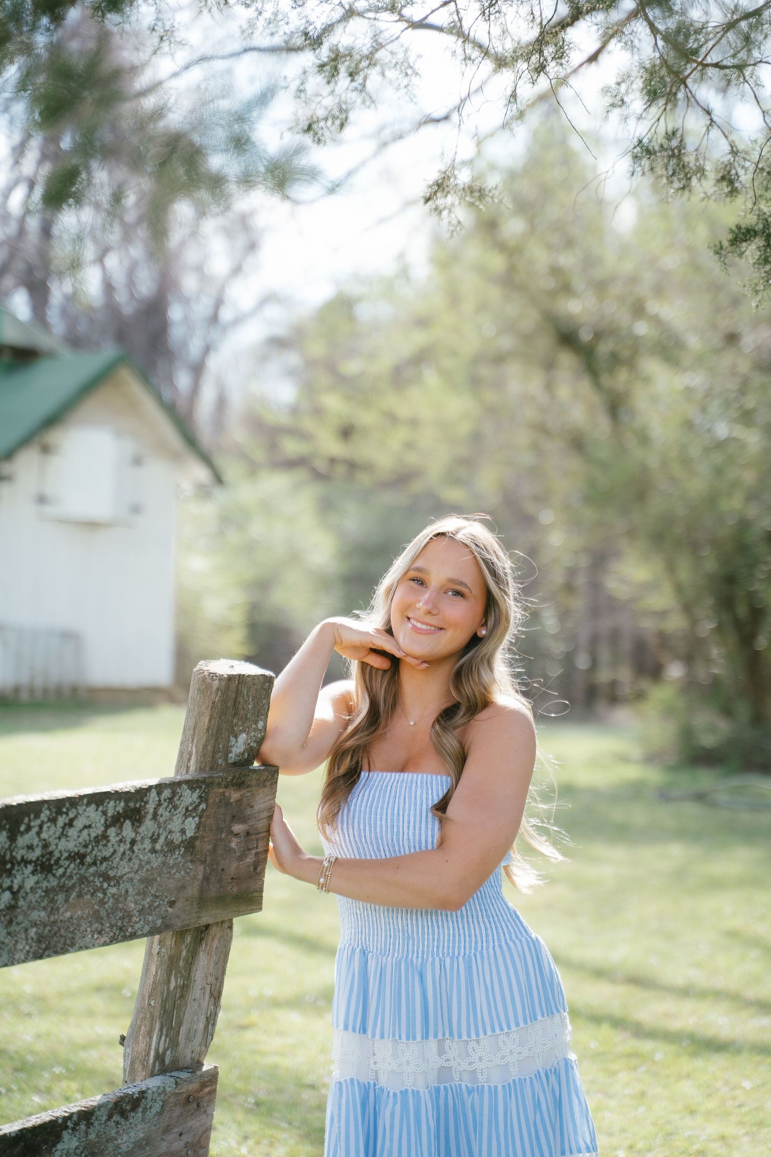 Outdoor portrait session by rustic wooden fence in blue and white striped dress.