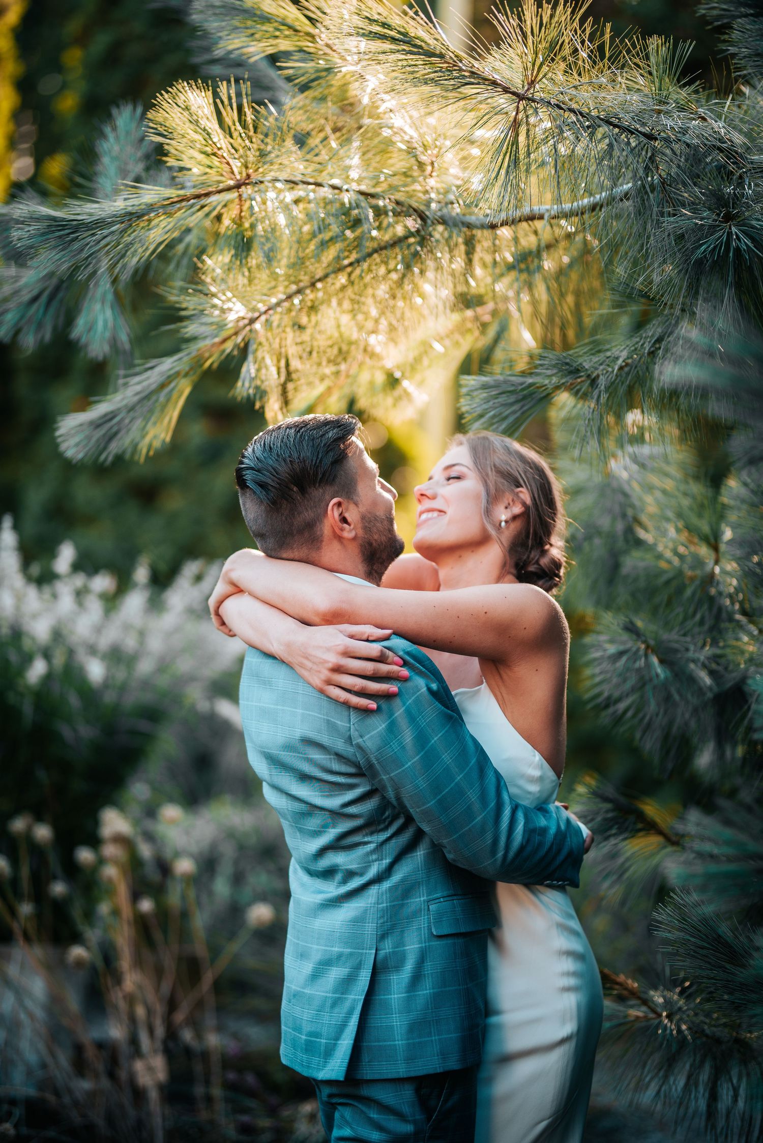 Intimate wedding couple embracing among pine trees at golden hour.