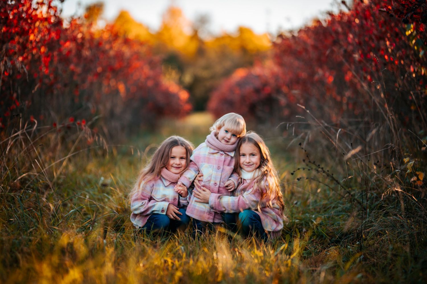 Autumn family portrait session among vibrant red fall foliage at sunset.