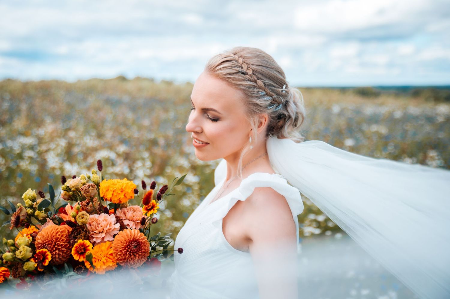 A series of outdoor wedding photos showing bridal portraits and autumn floral arrangements against natural landscapes.