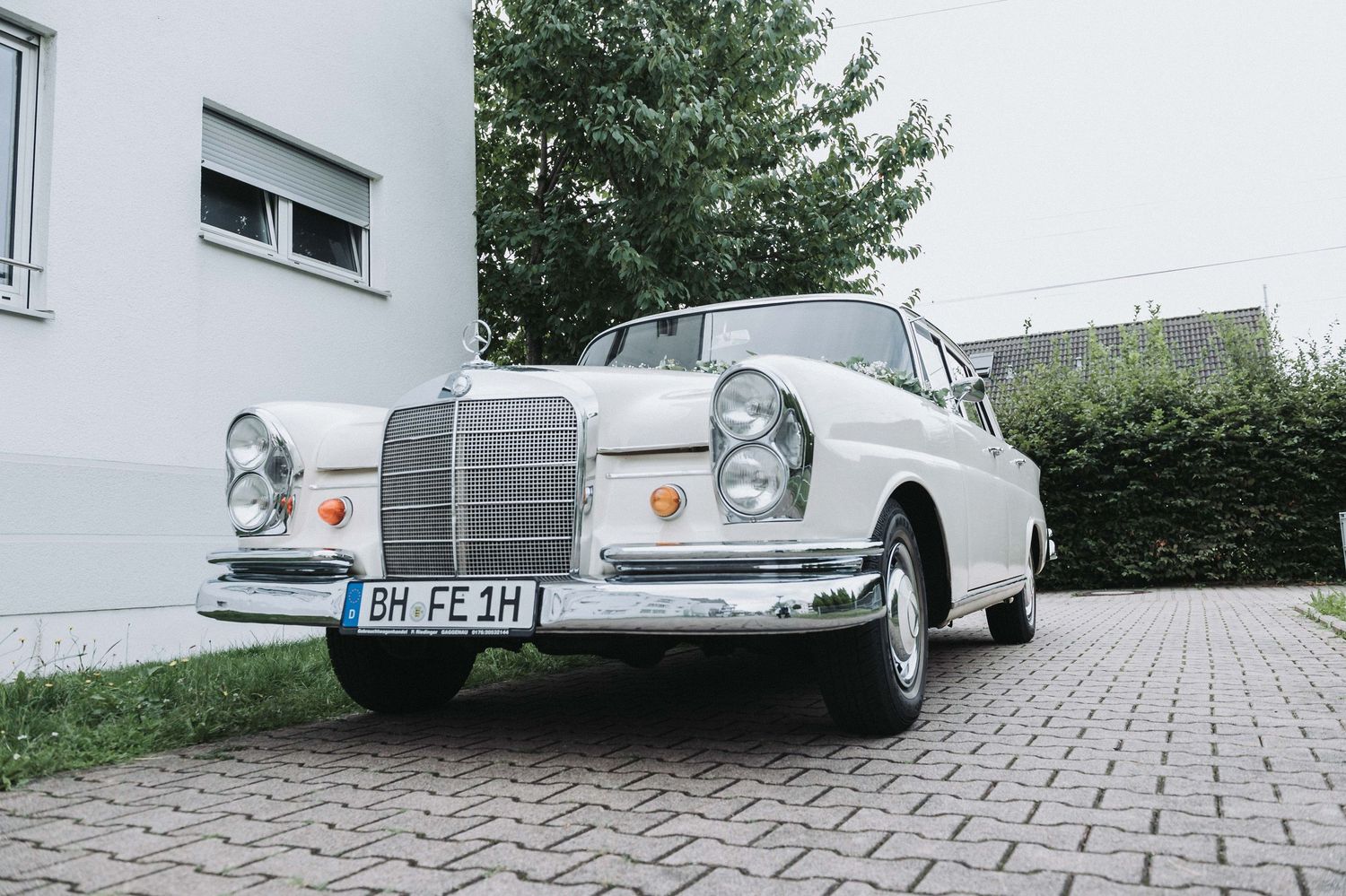 Vintage Mercedes-Benz cars lined up in a row on a cobblestone driveway showing their iconic front grilles and headlights.