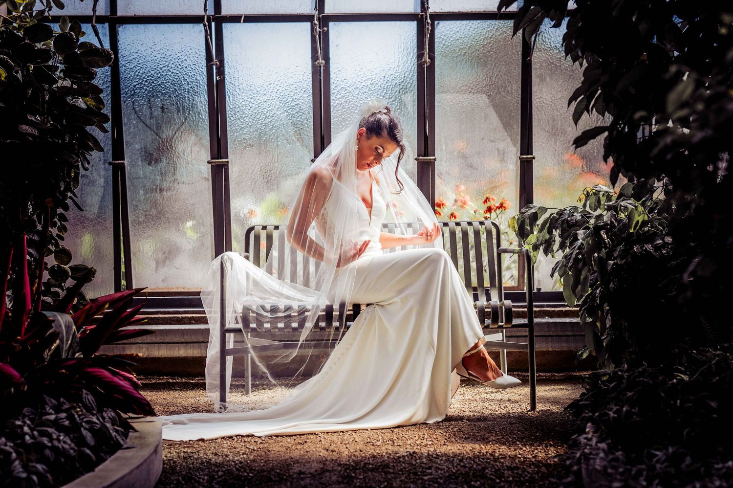 Bride in white wedding gown and veil sits gracefully on a bench in a sunlit greenhouse surrounded by lush green plants.
