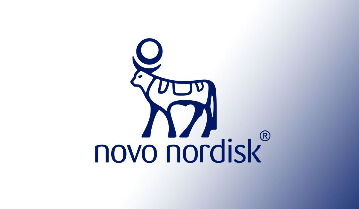 Novo Nordisk logo featuring a blue bull with a circular symbol, displayed on a white and blue gradient background.