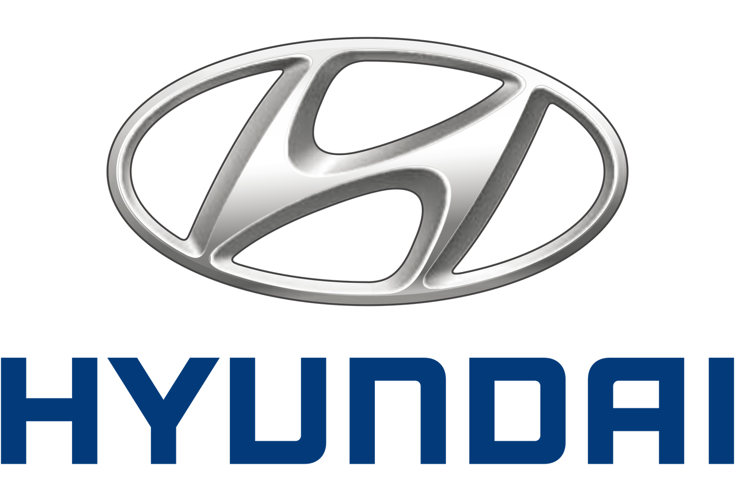 Hyundai logo featuring a silver metallic H emblem inside an oval above bold blue HYUNDAI text.