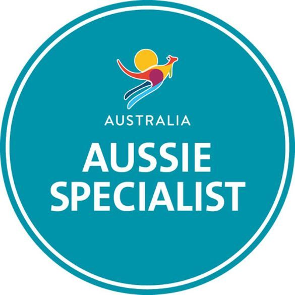 Teal circular badge with Australia Aussie Specialist logo featuring a colorful bird emblem.