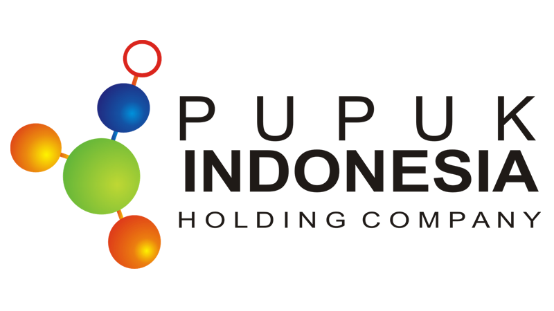 Pupuk Indonesia Holding Company logo with colorful molecular design in red, blue, green, and orange.