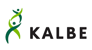 Kalbe Farma logo featuring a green and dark teal DNA helix figure with bold black KALBE text.