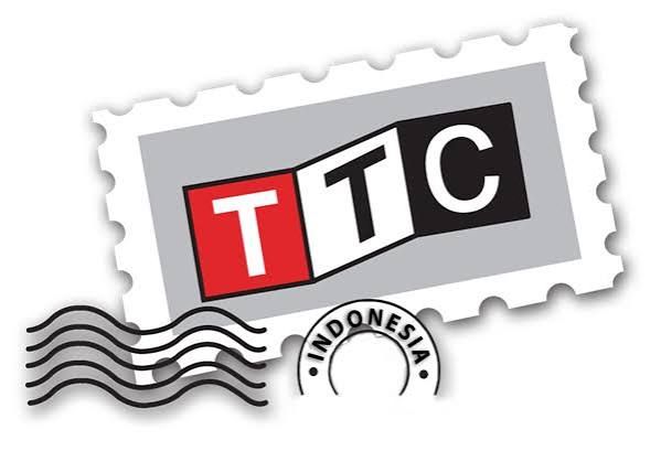 TTC Indonesia postage stamp logo with bold red and black letters on gray background with decorative postal markings.