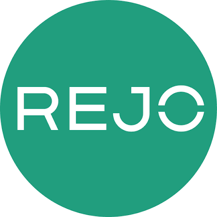 REJO brand logo featuring bold white text on a teal green circle background.