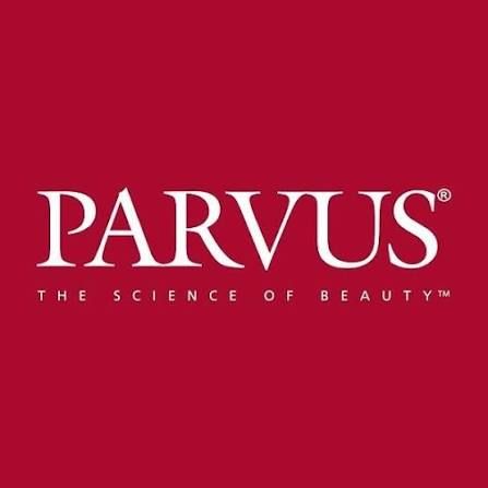 Parvus brand logo with white serif text on red background, tagline reads The Science of Beauty.