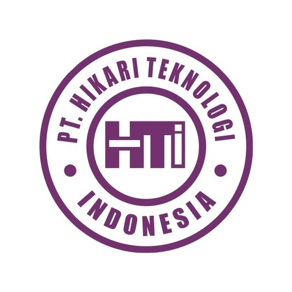 Purple circular stamp logo of PT. Hikari Teknologi Indonesia featuring HTi monogram in center.