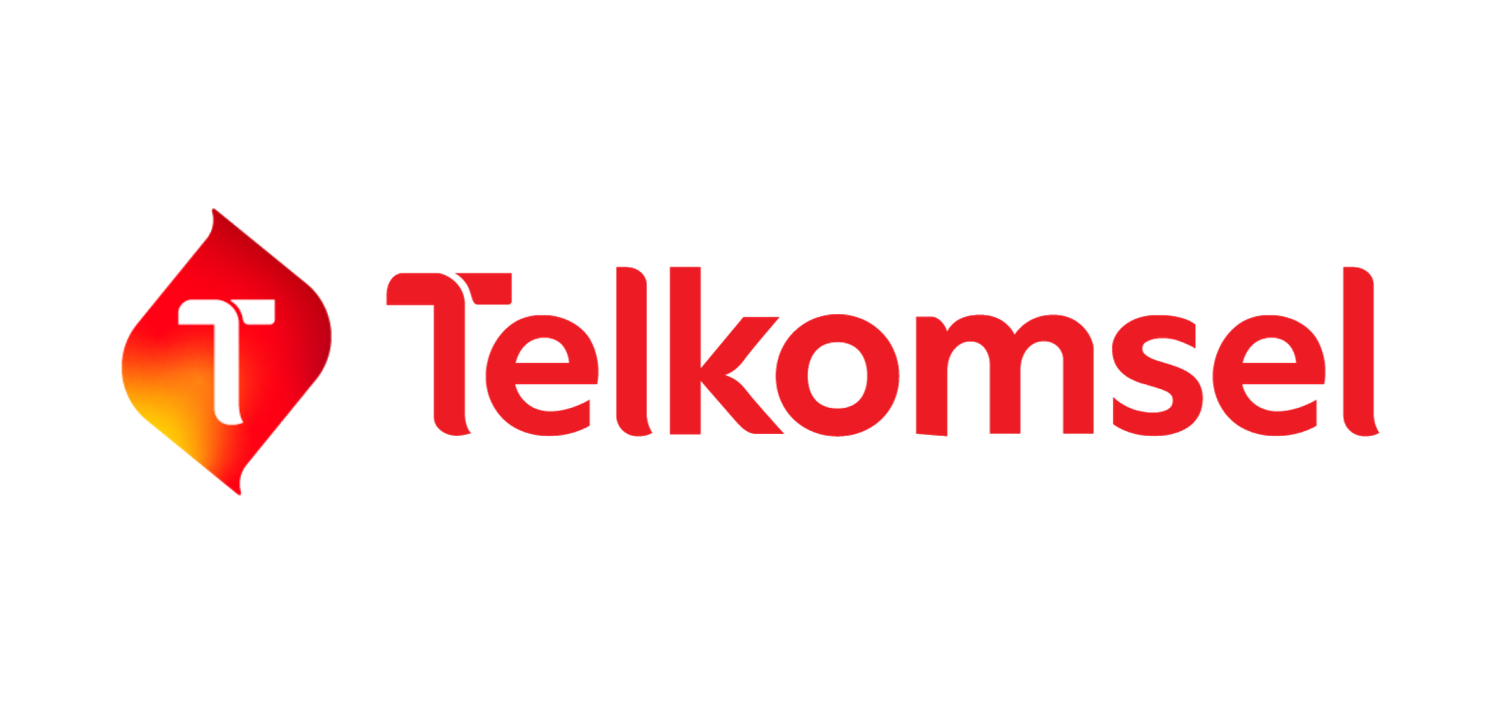 Telkomsel logo featuring a red flame icon with the letter T and bold red Telkomsel wordmark on white background.