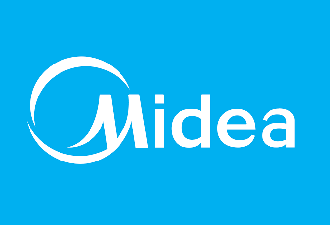 Midea brand logo in white text on a bright blue background with a circular swoosh design element.