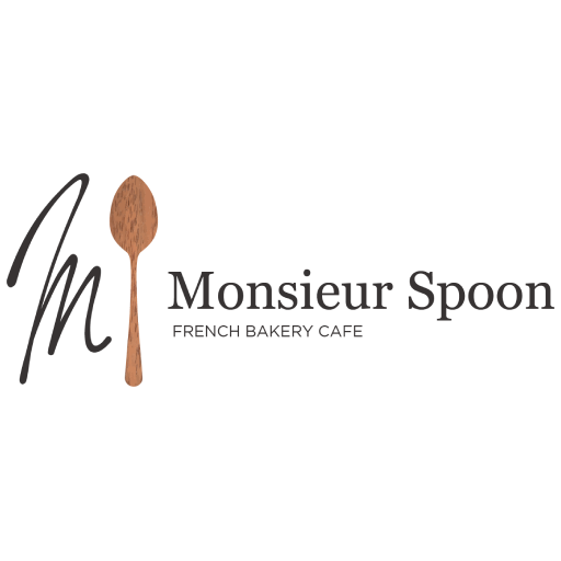 Logo for Monsieur Spoon French Bakery Cafe featuring a wooden spoon and cursive letter M on white background.