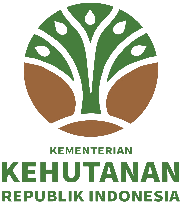 Logo of Kementerian Kehutanan Republik Indonesia featuring a green tree with white leaves inside a brown circle.