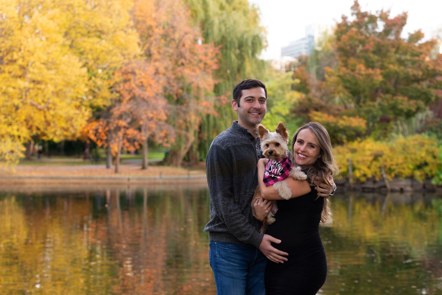 Luxury Family Portraits in Boston. Vacation & Maternity Photoshoot in the Boston Public Garden with dogs and Leah Ramuglia Photography.
