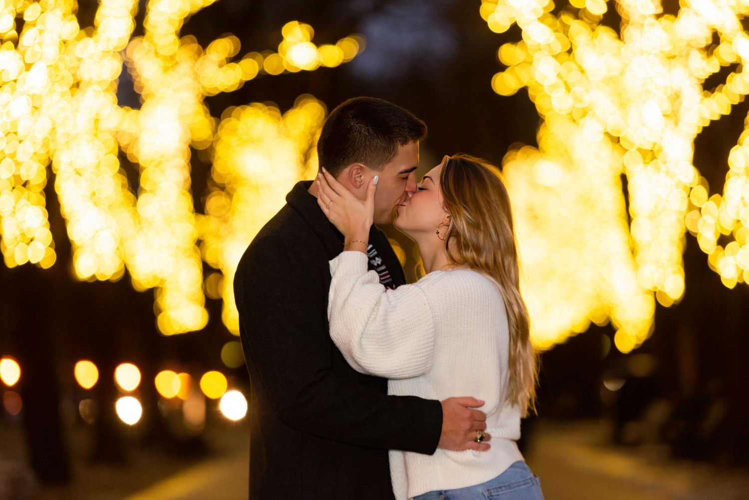 An engaged couple kiss on Com Ave in the Commonwealth Avenue Mall with romantic holiday lights at night with Leah Ramuglia Photography.