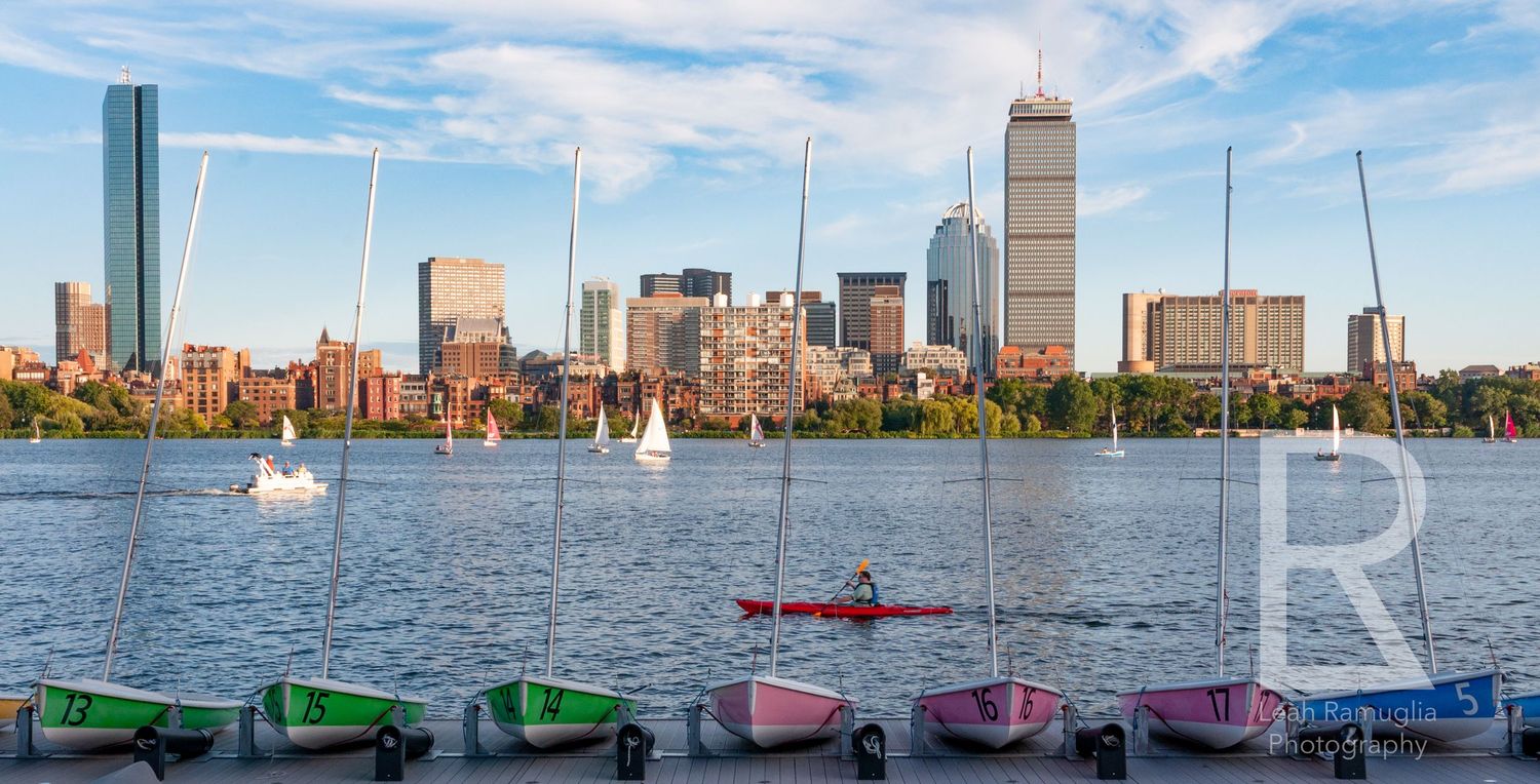 Panoramic view of Boston skyline with sailboats on Charles River and blue sky on a sunny summer day with Leah Ramuglia Photography.