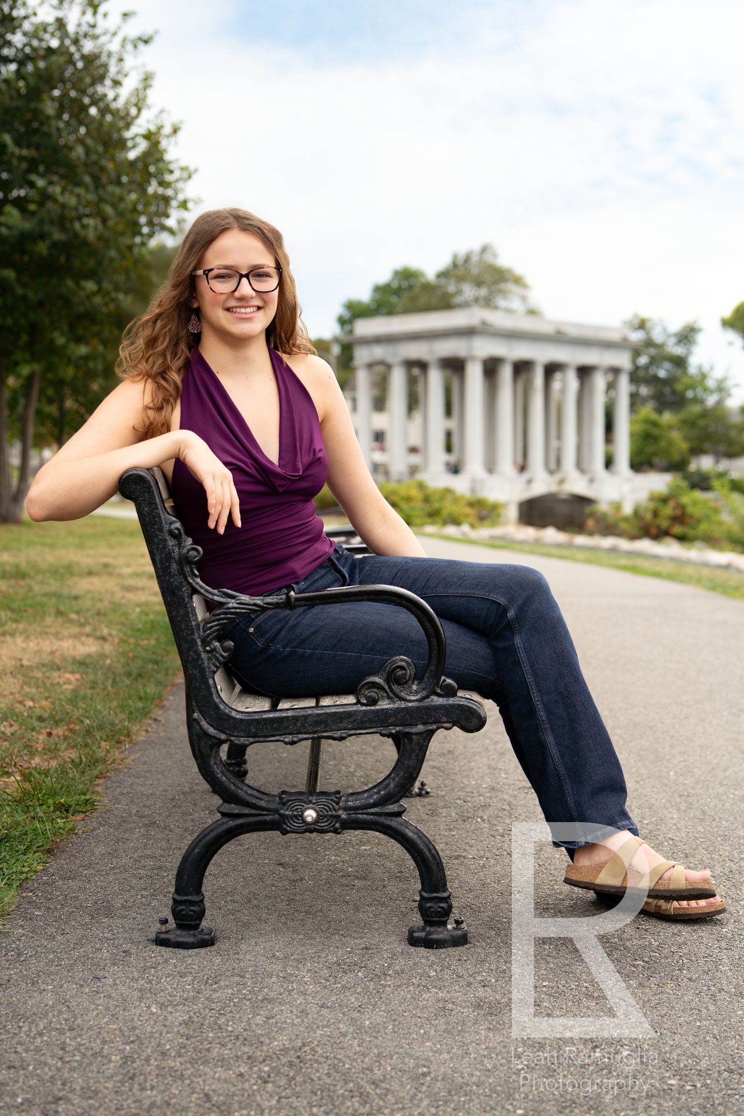 Girls high school senior portraits in Historic Plymouth, MA with Plymouth Rock in the background with Leah Ramuglia Photography.