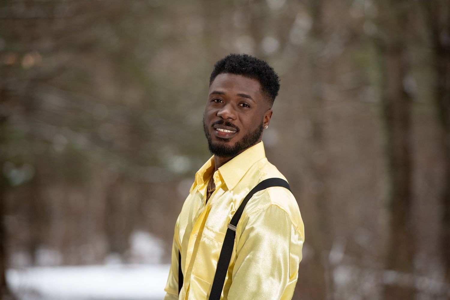 Men’s online dating profile photos in snowy Ames Nowell State Park in Abington, MA with Leah Ramuglia Photography
