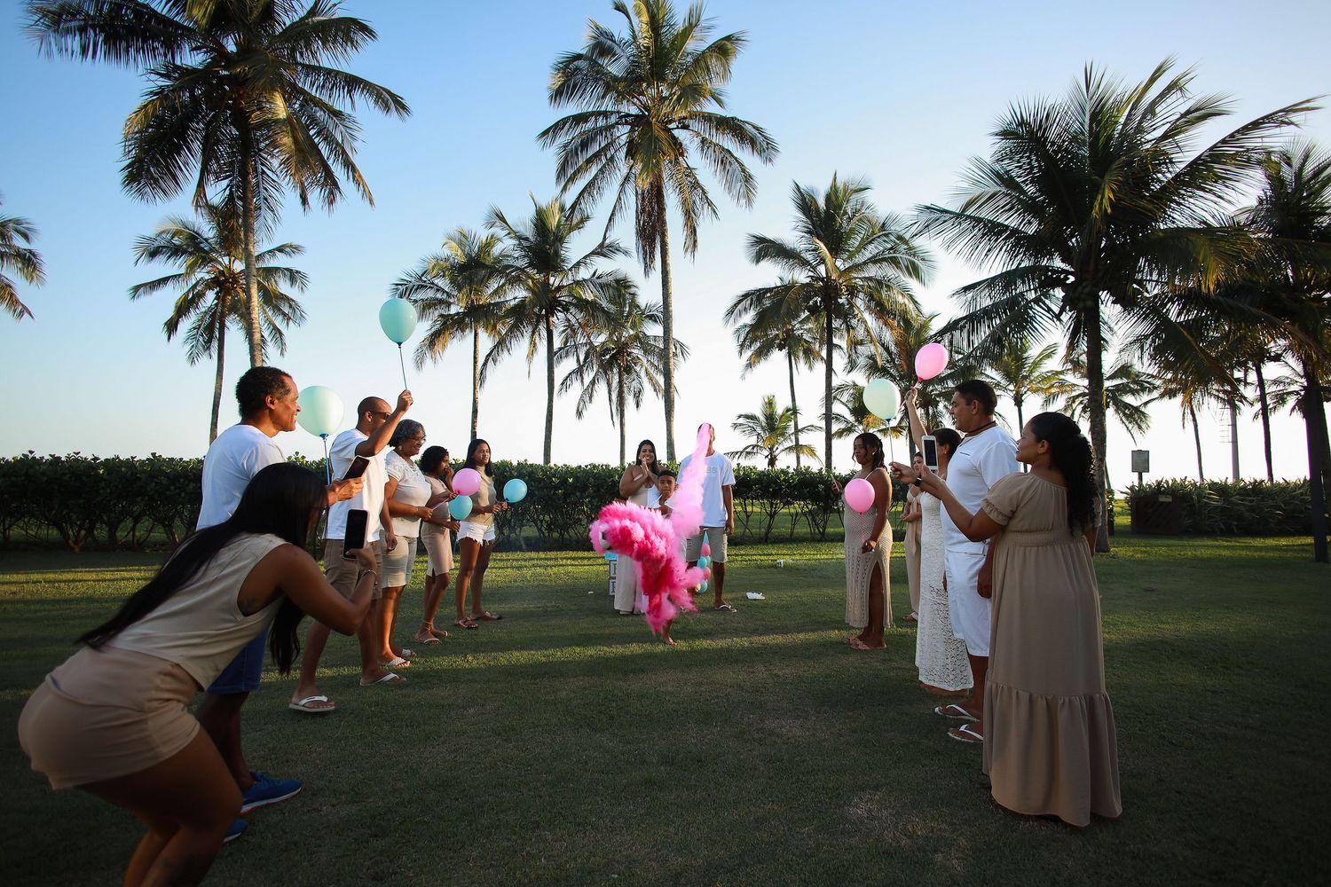 People enjoying a tropical celebration with palm trees and pink decorations on a grassy lawn at sunset.