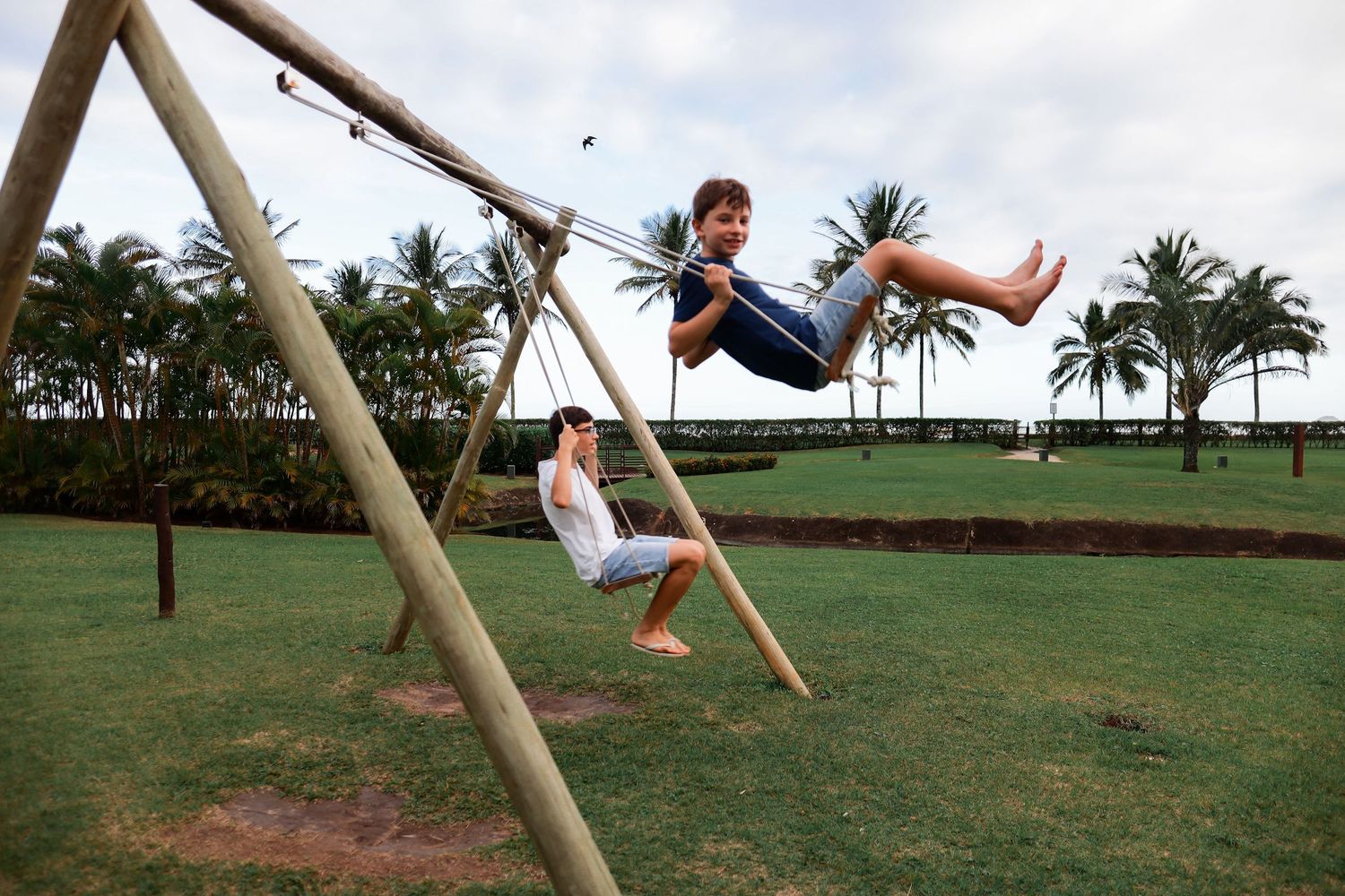 Two people enjoying a wooden swing set on a grassy lawn with palm trees and ocean view in the background.