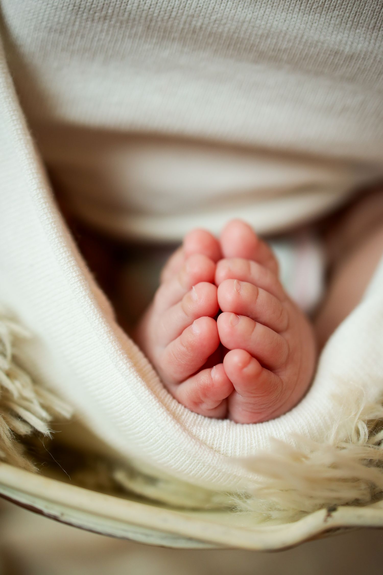 Close-up view of tiny newborn baby feet peeking through soft white blanket fabric.