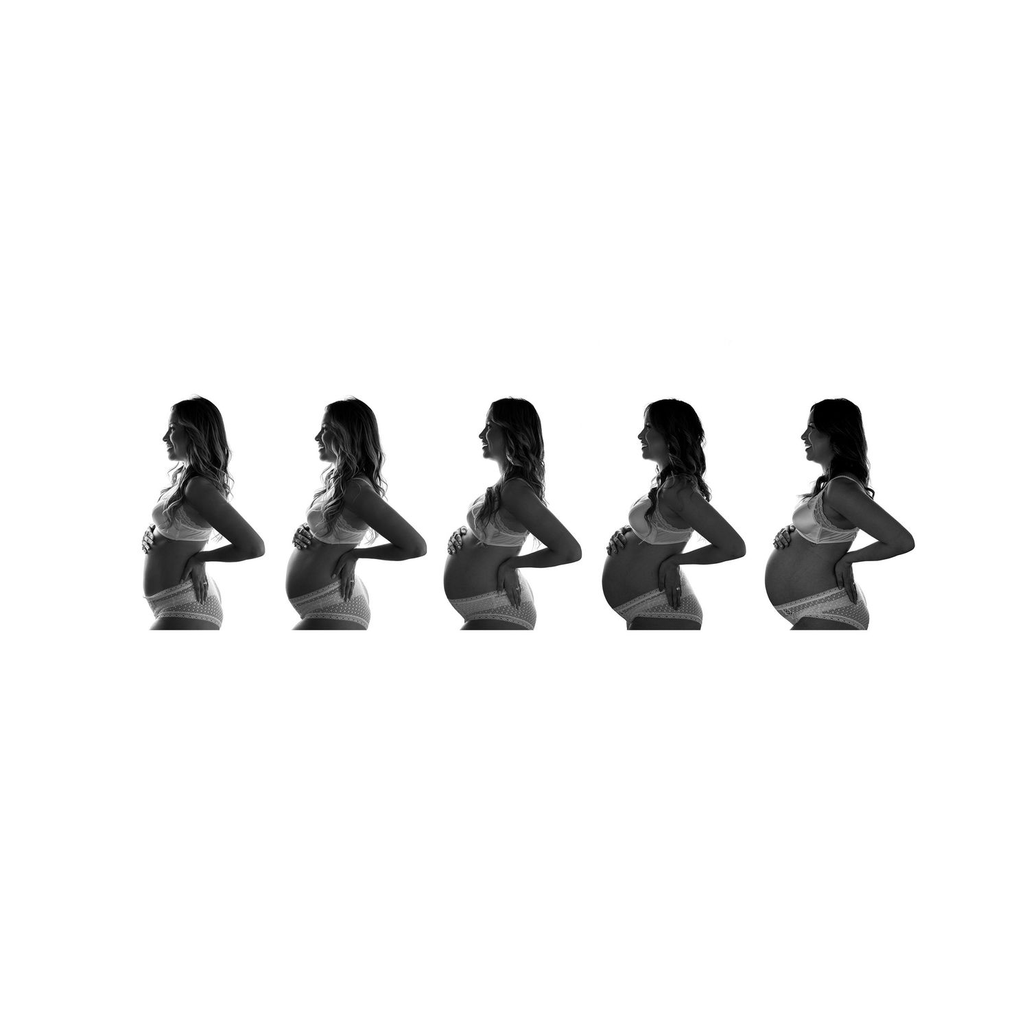 A black and white progression photo series showing a pregnancy silhouette through different stages of development.